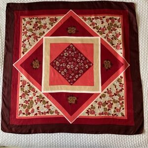 Vintage silk scarf, large square, geometric with florals, red, pink, tan